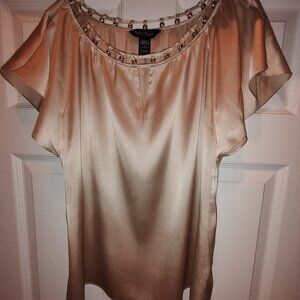 WHITE HOUSE BLACK MARKET SILK TOP ANGEL WING SLEEVES BEADED NECK BLUSH-BGE SMALL